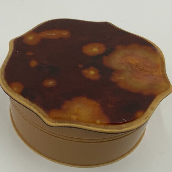 VTG Art Deco Tan Celluloid Powder Puff Box w/Tortoise Design Lid 4 1/2" x 2" - Picture 1 of 10